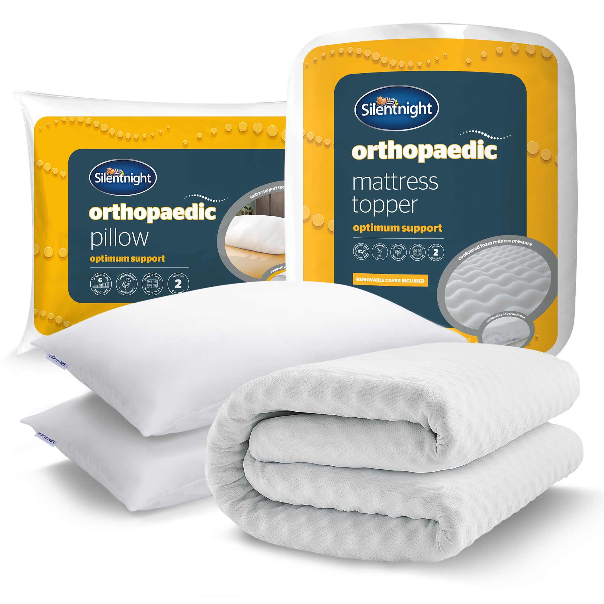 Silentnight Mattress Topper + Pillow Orthopaedic Pillow And Mattress Topper - Supportive Foam To Ease Aches And Pains - Pressure Relief And Spinal Alignment For Back And Neck - Soft Touch Cover, Hypoallergenic, Double