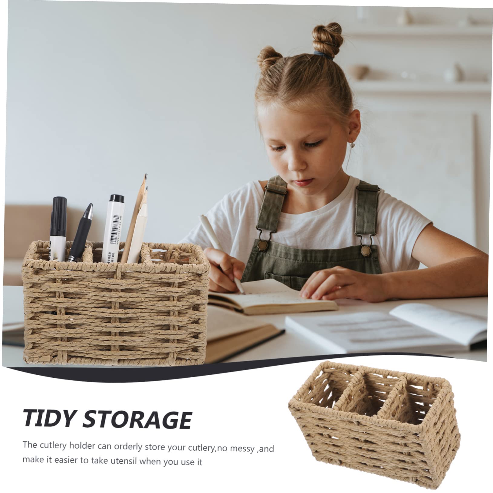 POPETPOP Cesta de Cubiertos y Utensilios de Cocina de Cuerda de Papel Beige Gran Capacidad Organizador para Cucharas, Espátulas y Cucharones para Cocina