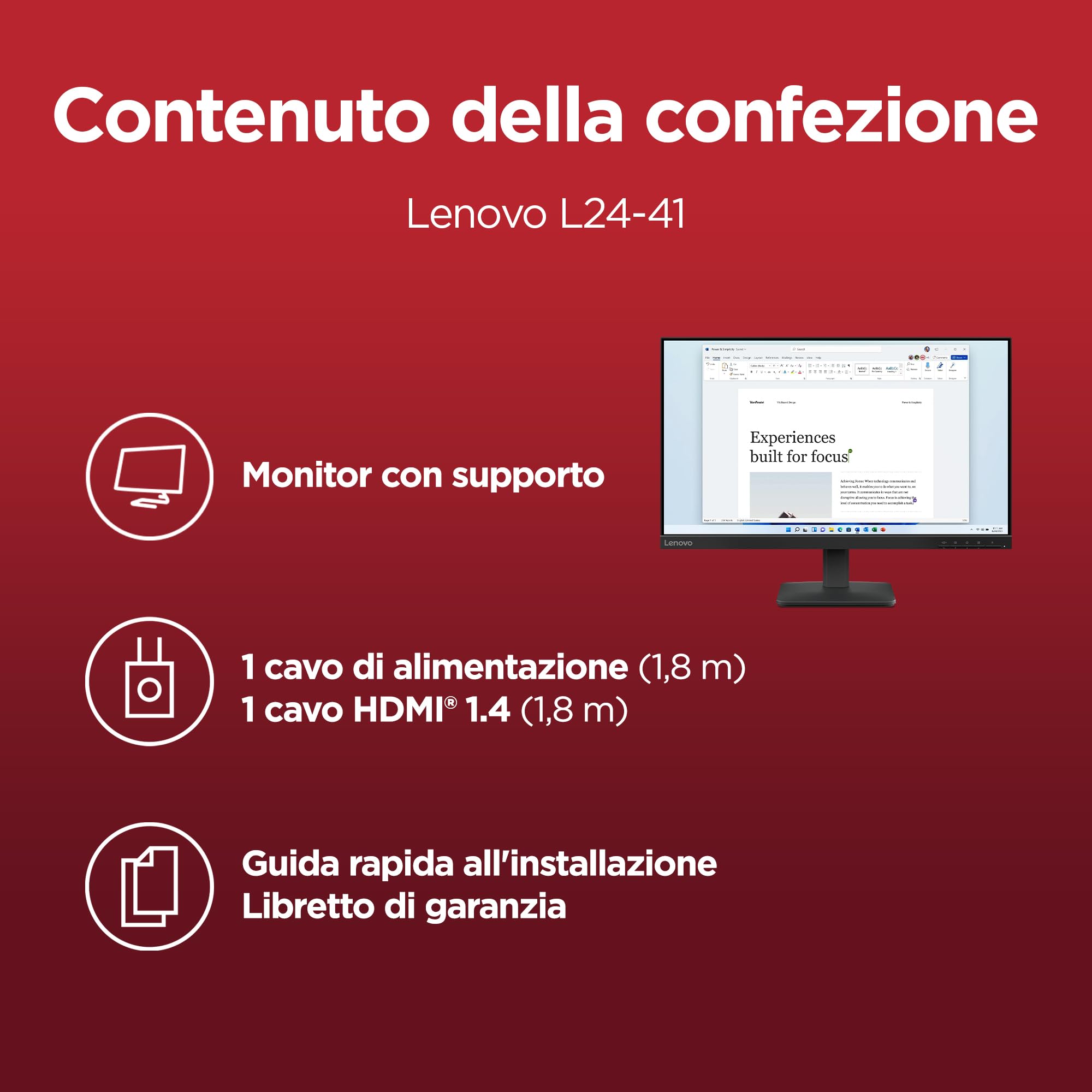 Lenovo L24‑41 24 Pollici Full HD IPS Monitor 100Hz Regolabile Eye Care HDMI VGA