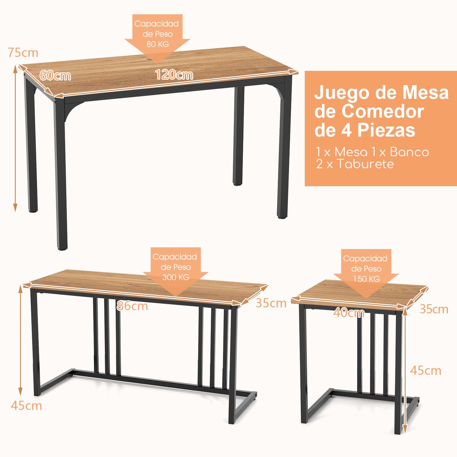 COSTWAY Juego de Mesa de Comedor de 4 Piezas, Mesa de Comedor Industrial con Banco y 2 Taburetes para 4 Personas, Mueble de Comedor, Estructura metálica, Restaurante, Bar (Natural)