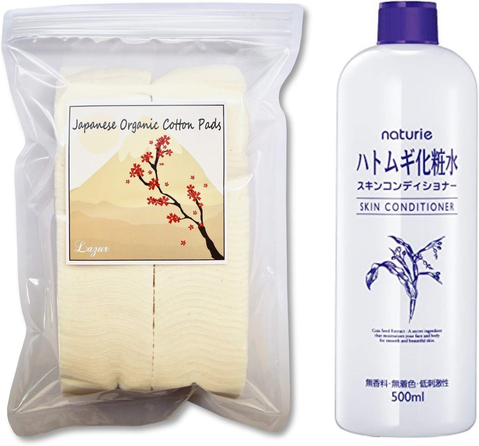 Hatomugi Skin Conditioner, 500ml and Japanese Organic Cotton Sheets 90 Pieces 100% Organic Unbleached