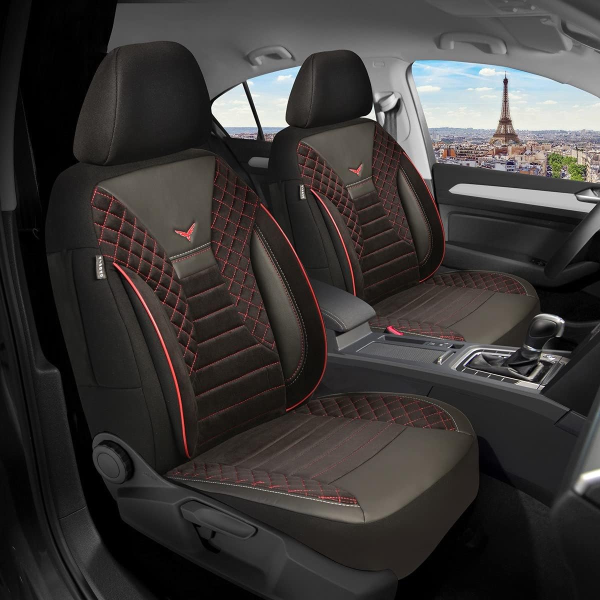 BREMER SITZBEZÜGE Measure Car Seat Covers Compatible with Toyota Yaris 4 Driver & Passenger Set from 2021 / Car Seat Cover Velour Faux Leather Set of 2 in Black/Red Stitching
