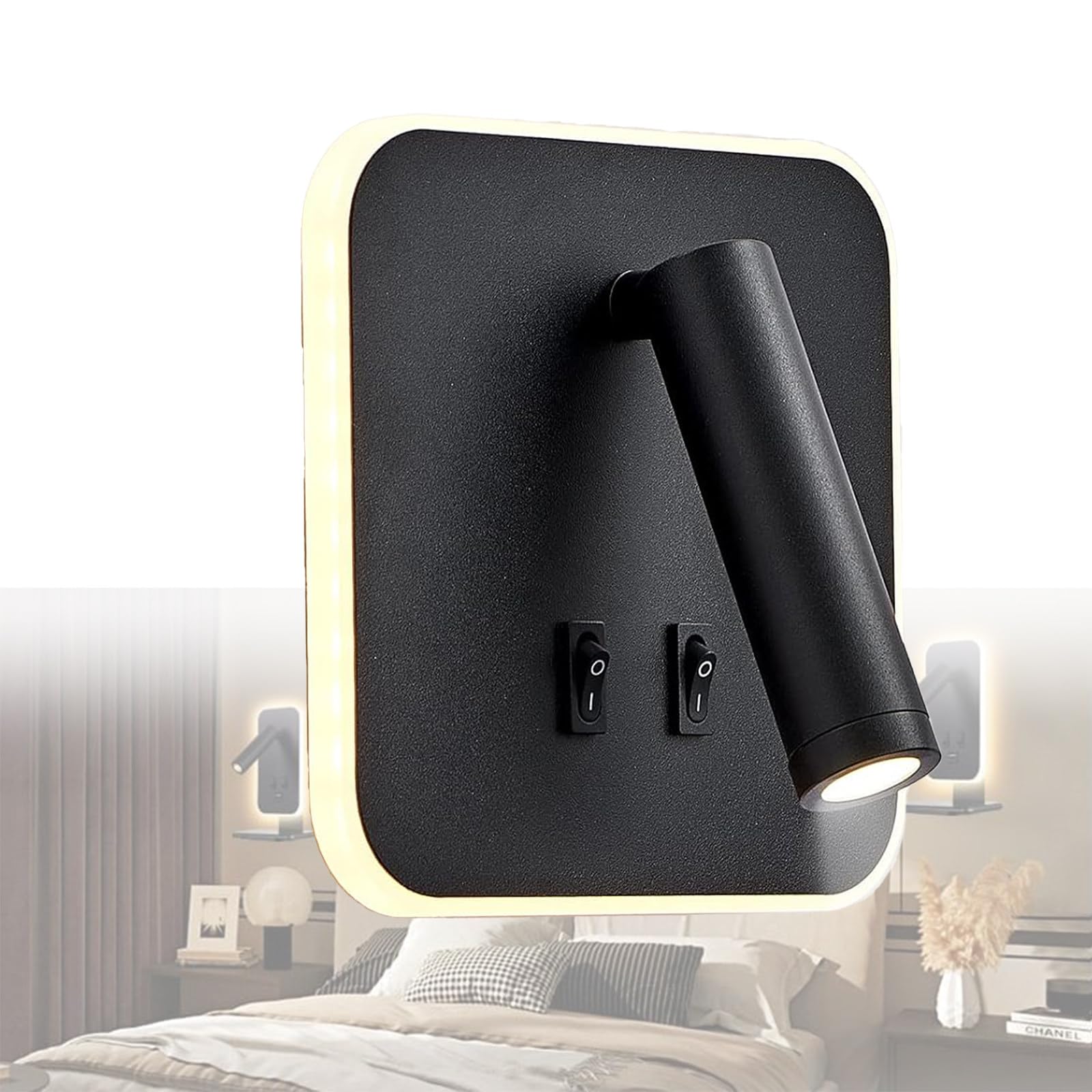 Lwiftgal Black Led Wall Mounted Lamp,Bedside Reading Wall Light,12W Led Wall Lamp, Adjustable Spotlight, 3000K Bedside Reading Lamp, For Bedside Or Hotels,-Square