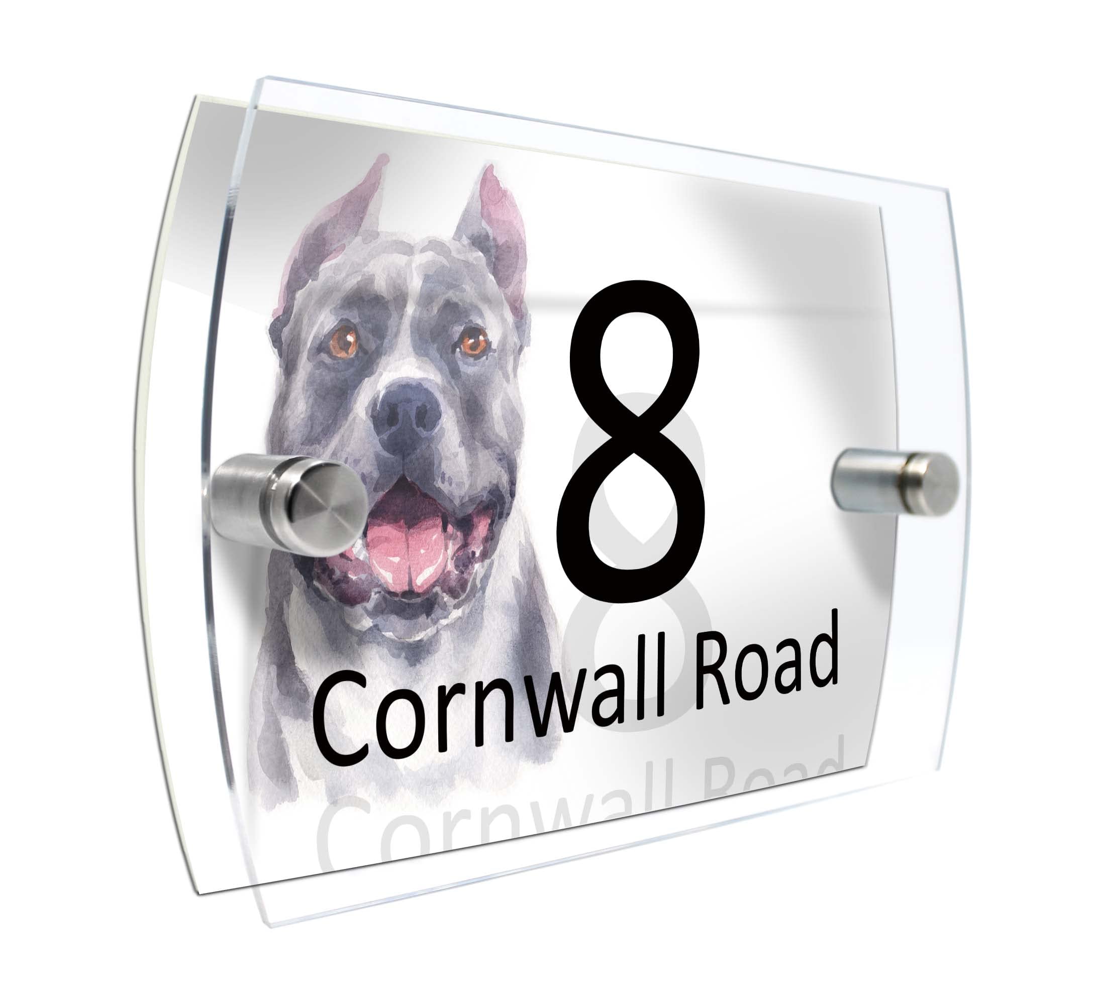 House Number Plaque Sign Door Road Plate for Dog Lovers Personalised Watercolour Print (D430 Pitbull)