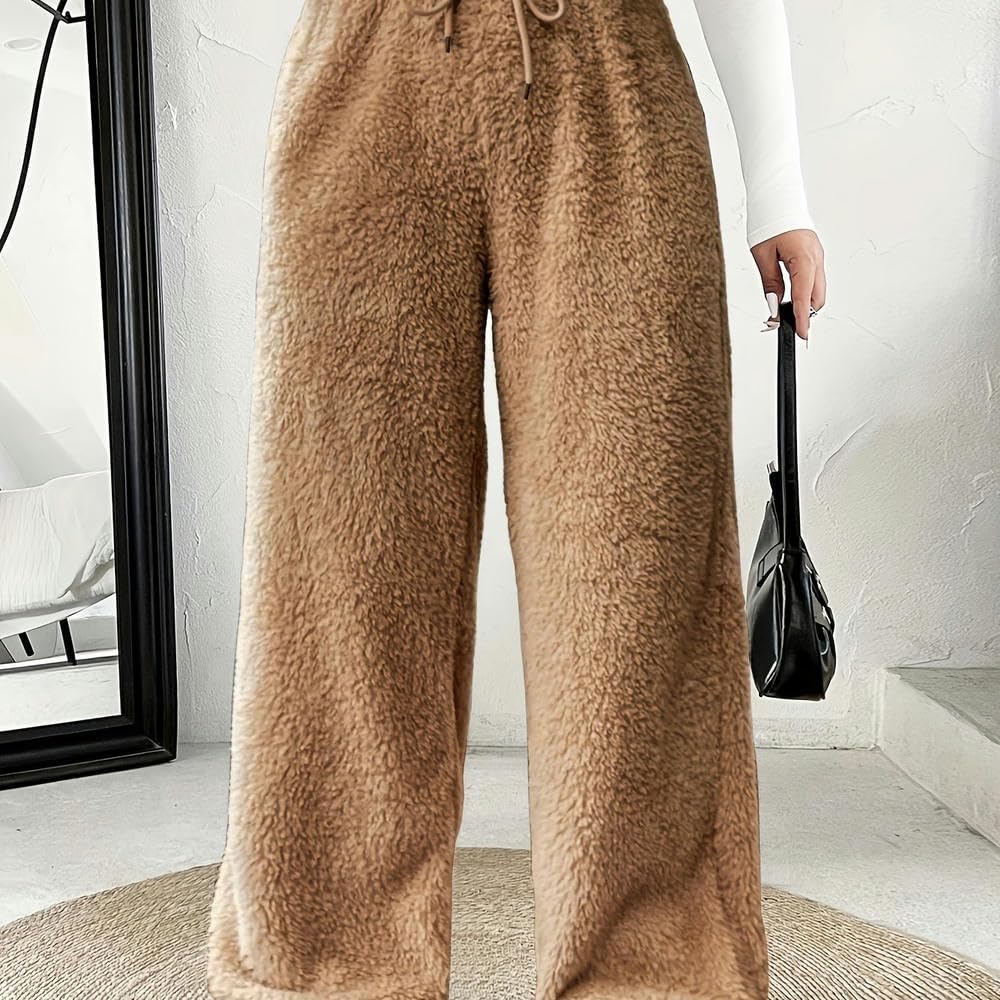 Pantalon Palazzo décontracté Grande Taille SYJYM en Polyester à Jambes Larges avec Cordon de Serrage, Tissu tricoté Long en Polyester de Couleur Unie