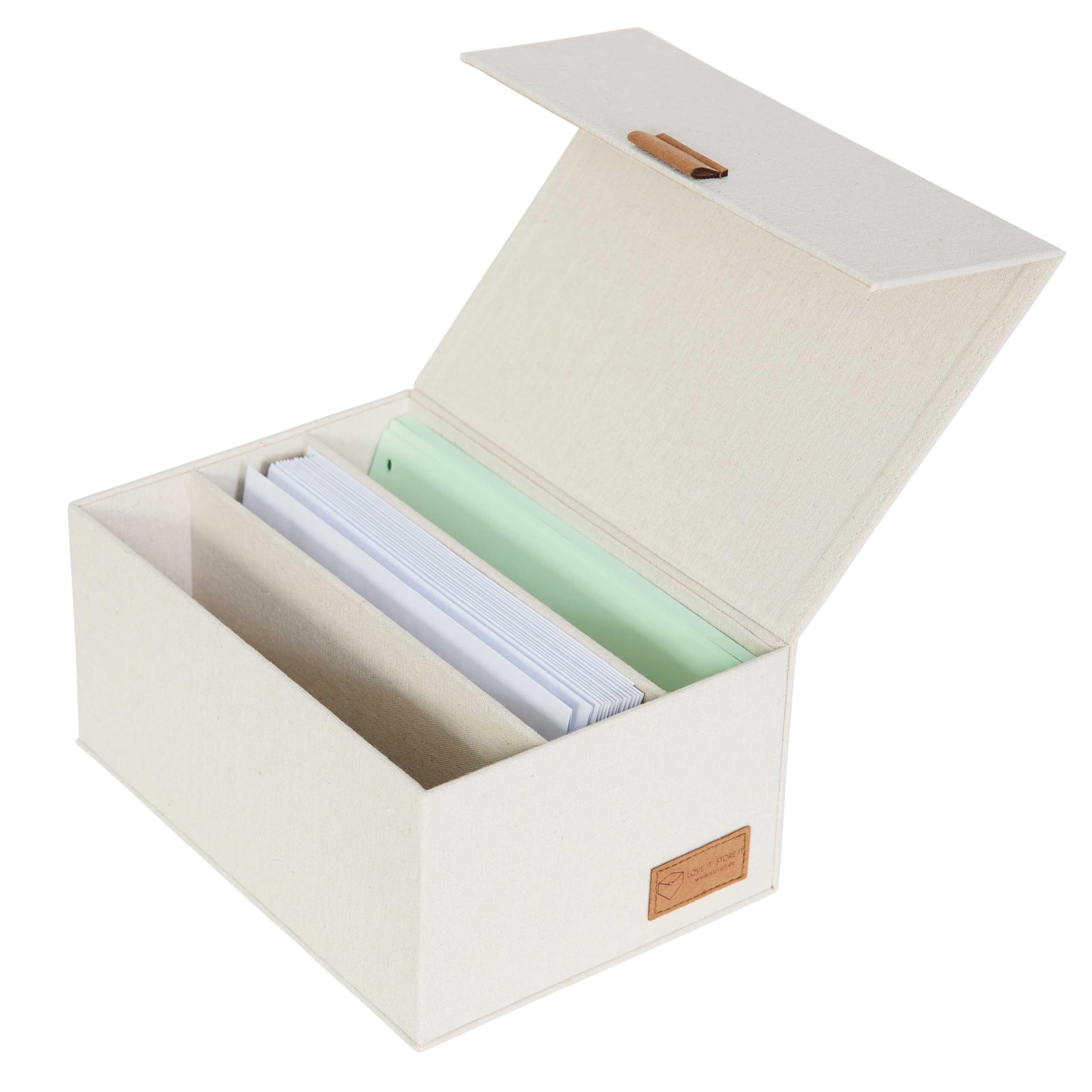 LOVE IT STORE IT - Premium - Scatola porta foto 3 scomparti 28x18x12 cm con coperchio incernierato magnetico, tessuto lino, elegante per ufficio, soggiorno o studio | Organizer con 3 scomparti e coperchio ribaltabile in tessuto di lino, chiusura magnetica