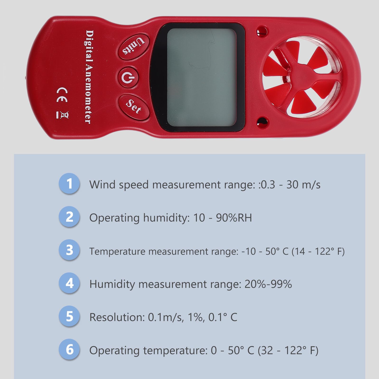 Misuratore Portatile di Vento e Temperatura con Igrometro Digitale, Plastico Leggero, 6 Pale, Precisione ±5%, per Industria Aeronautica e Produzione Ventilatori
