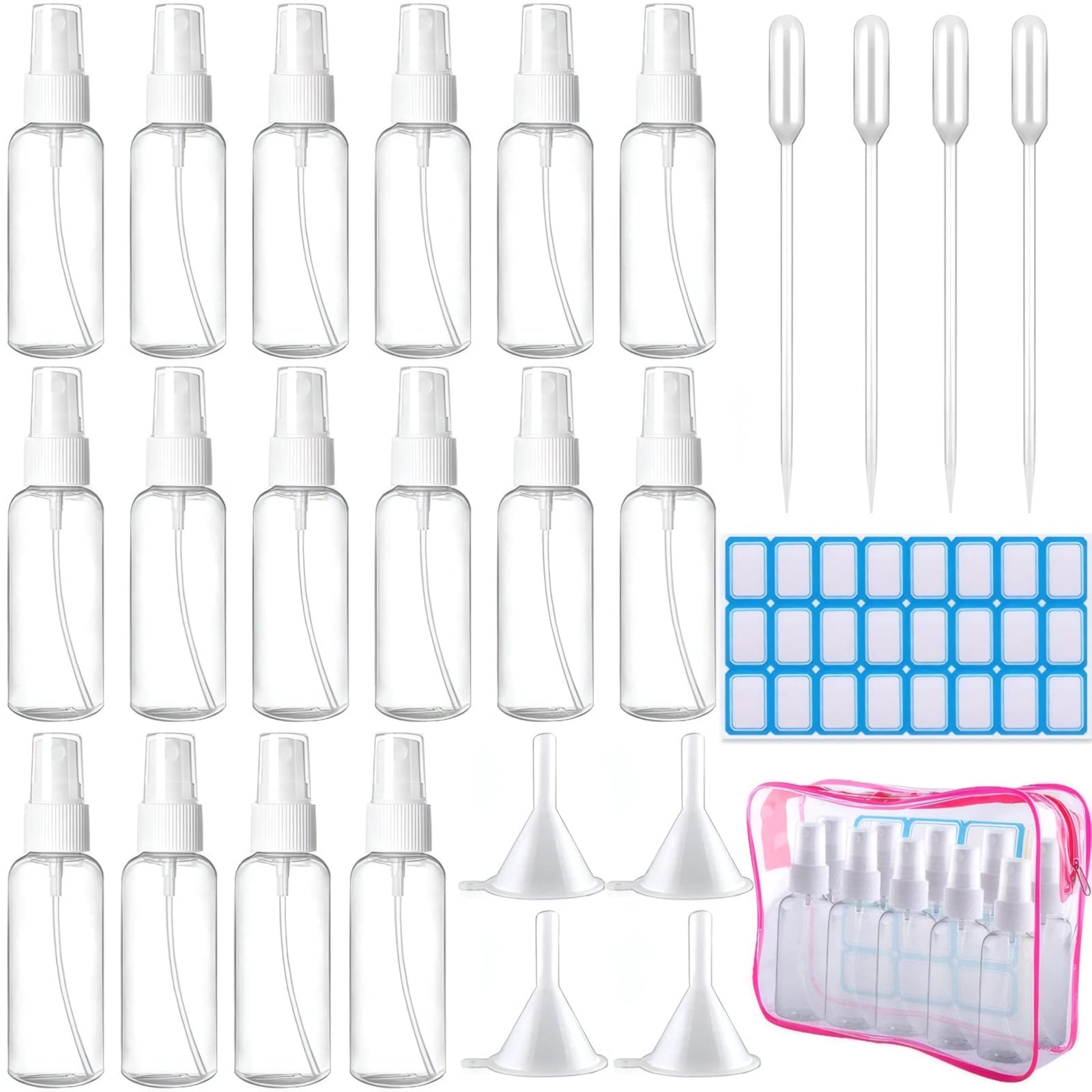 26 Stk. kleines Sprühflaschen-Set, 60 ml Reise-Sprühflaschen, klare Kunststoffflaschen mit Trichtern und Pipetten, auslaufsicher für Kosmetik, Gartenarbeit und persönlichen Gebrauch