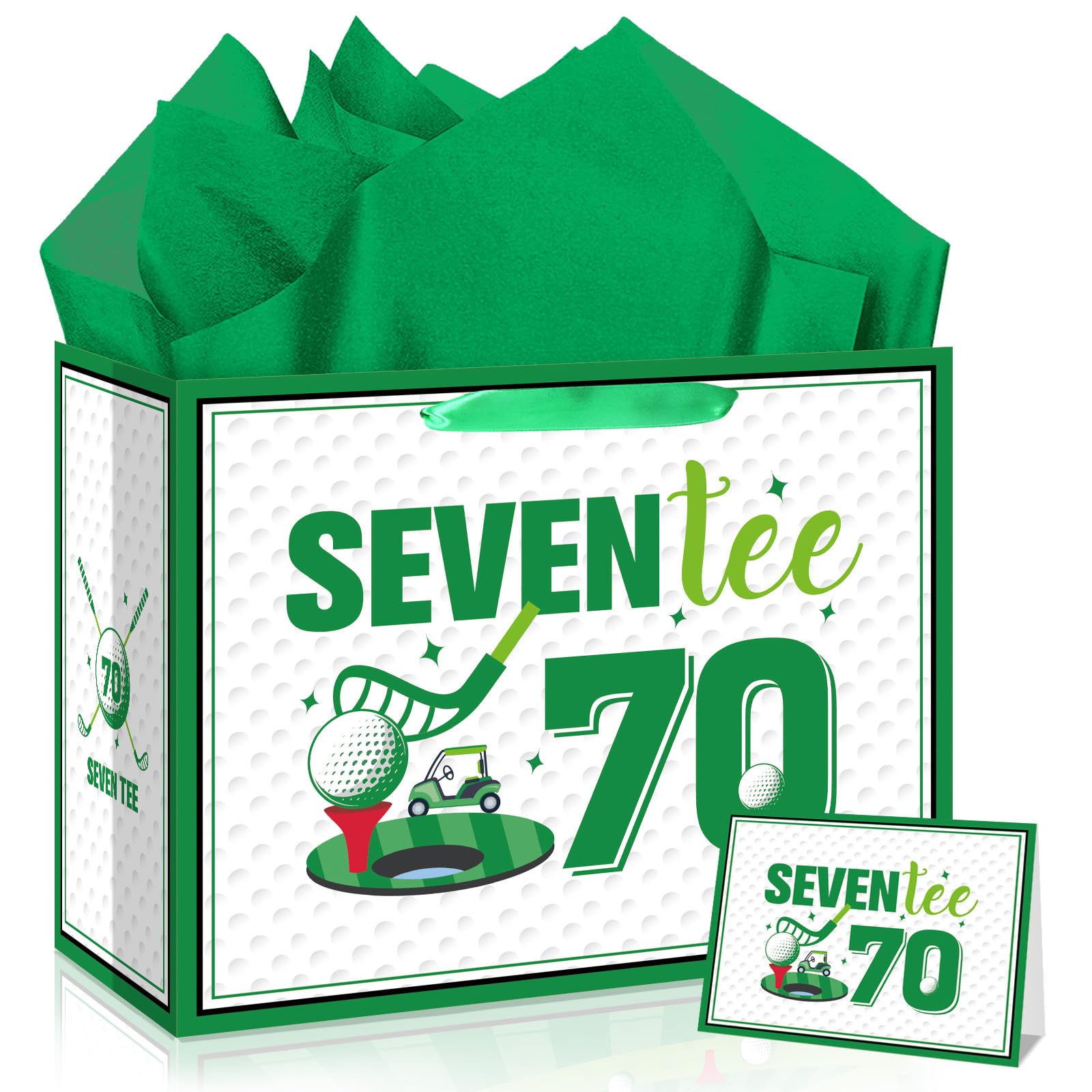 12'' 70th Golf Birthday Gift Bag with Greeting Card Tissue Paper Seven-tee Funny Themed Party Decorations Presentation Present Bag for Men Dad Grandad Golf Lovers 70th Milestone Birthday Supplies