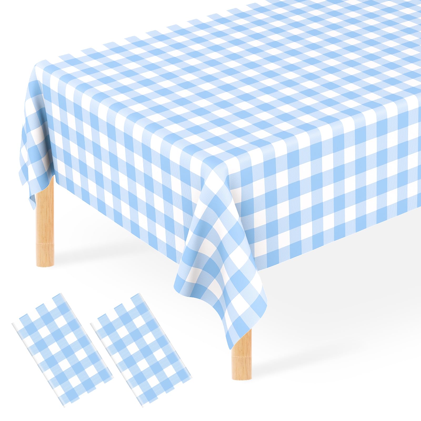 Photo 1 of 2 Pack Blue Gingham Tablecloth, Disposable Plastic Light Blue Checkered Table Cloth, Blue & White Plaid Table Cover for Outdoor Picnic, Wedding, Baby & Bridal Shower, Birthday Party (54 x 108 Inch)