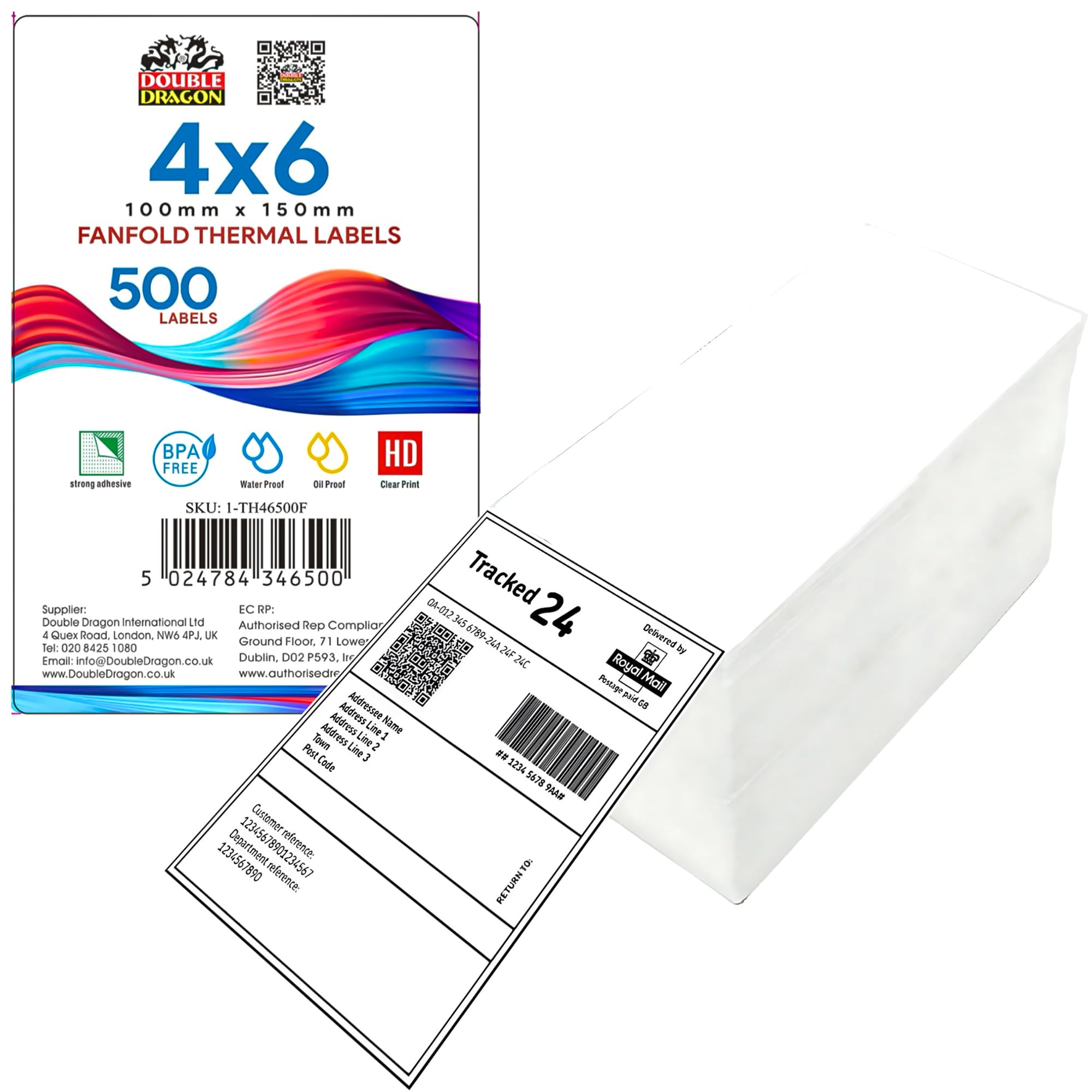 Double Dragon 100 x 150 mm (4" x 6"), 500 Fanfold Labels Premium Coated, Permanent Adhesive, Compatible with Zebra, MUNBYN, Rollo, TSC, Toshiba, Citizen Label Printers (1 Stack)