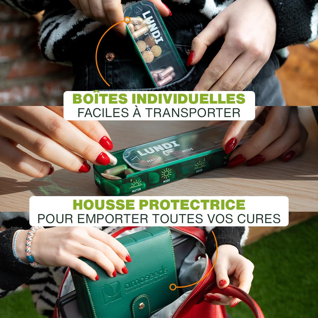 Pilulier Semainier Français | 4 prises par jour : matin, midi, soir, nuit | 28 Compartiments | Sans BPA | Housse similicuir | Qualité Supérieure