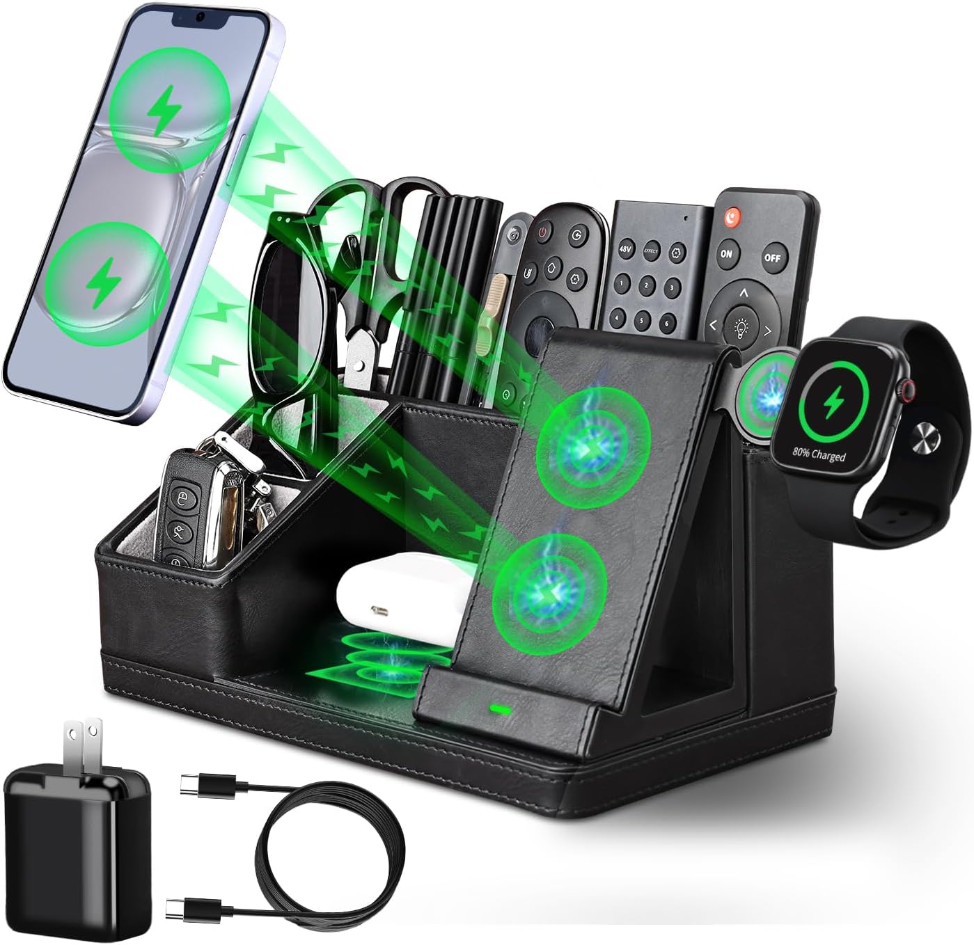 Black leather desk organizer with charging station,office supplies desk accessories，pen holder for desk，remote control holder，desk organizer with phone charger，nightstand desktop organizer (black)
