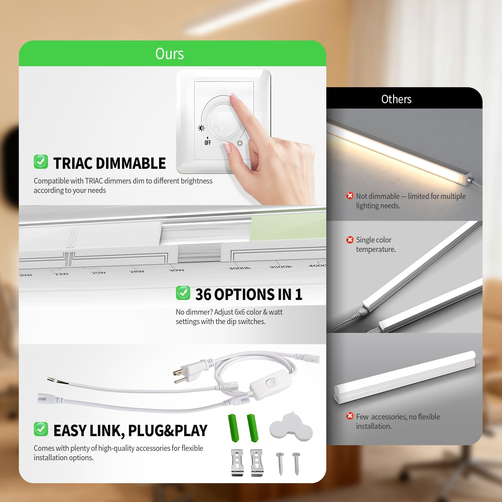 6 Pack Dimmable 4FT Led Shop Lights 30W 4500LM 3000-6500K Tunable T8 Led Commercial Bay Light High Output — view 5