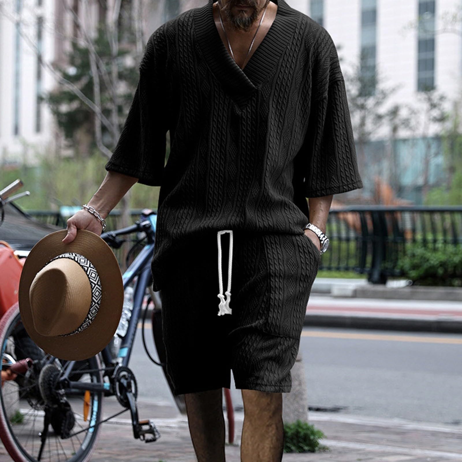 Generisch Traje de dos piezas para hombre de color sólido de media manga camisetas y pantalones conjunto deportivo traje adolescente traje de verano holgado traje de playa traje casual 2024 suéter con