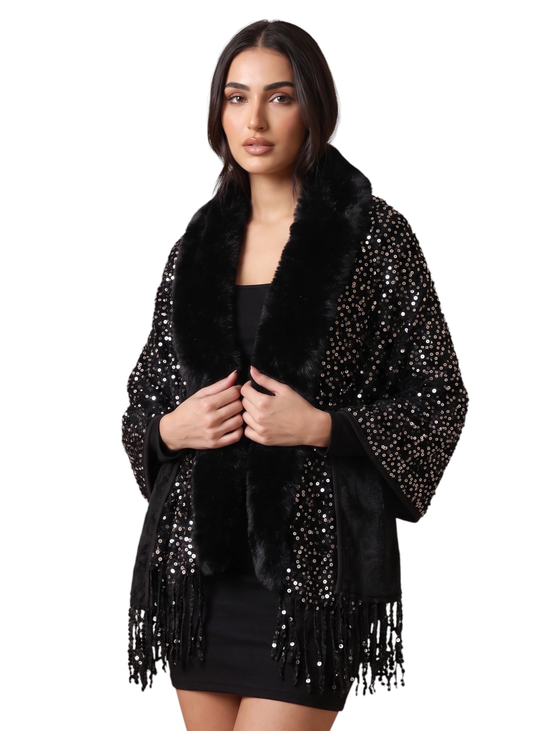 Women’s Sequin Shawl Wrap with Inner Fur Lining – Luxury Faux Fur Collar & Fringe Winter Stole-image-33
