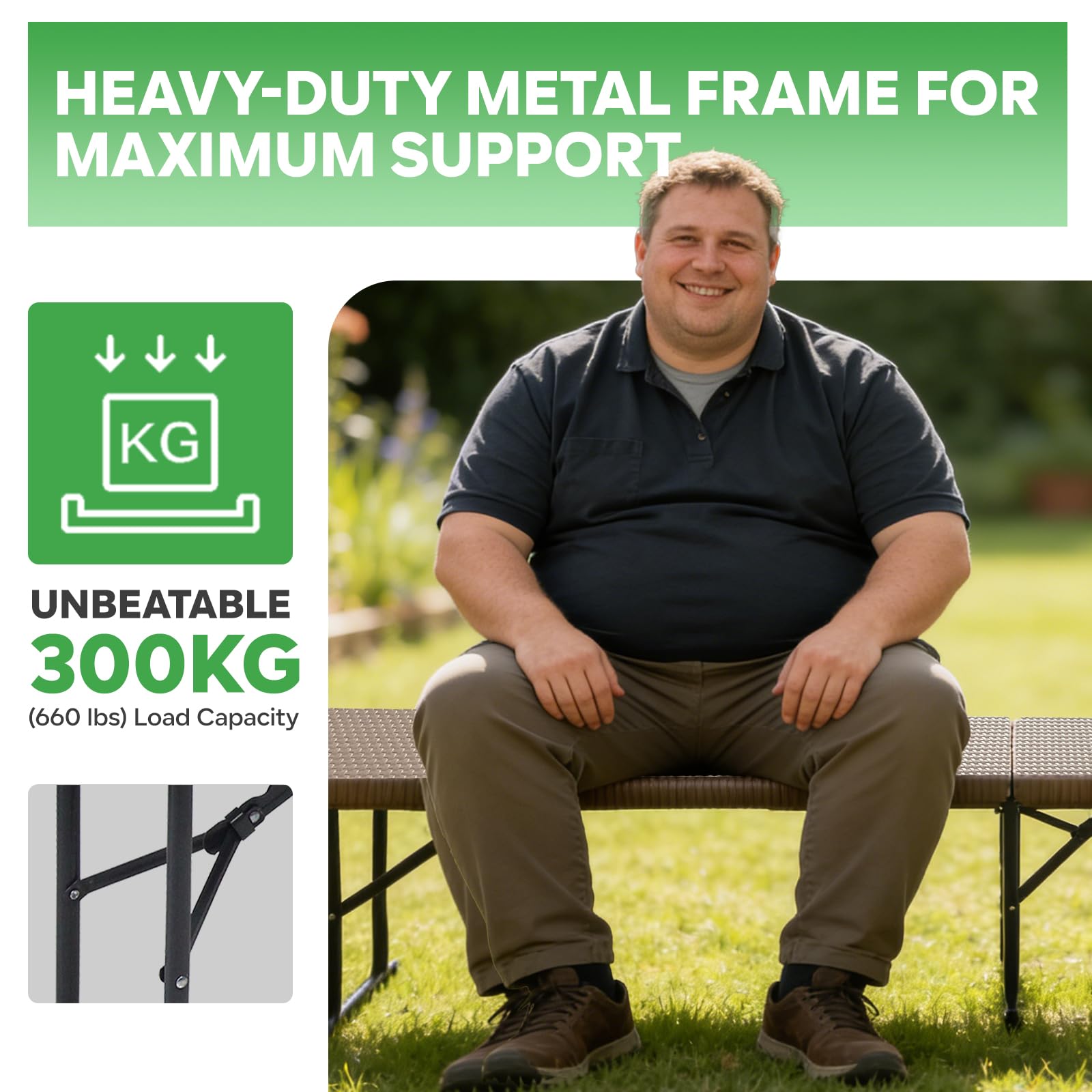 Banc Pliable 180x28x43 cm, Lot de 2, Banc Jardin Pliable en HDPE avec Effet Tressé, 4 Verrous de Sécurité, Capacité de Charge 300 kg, Banc Extérieur pour Balcon Terrasse Camping