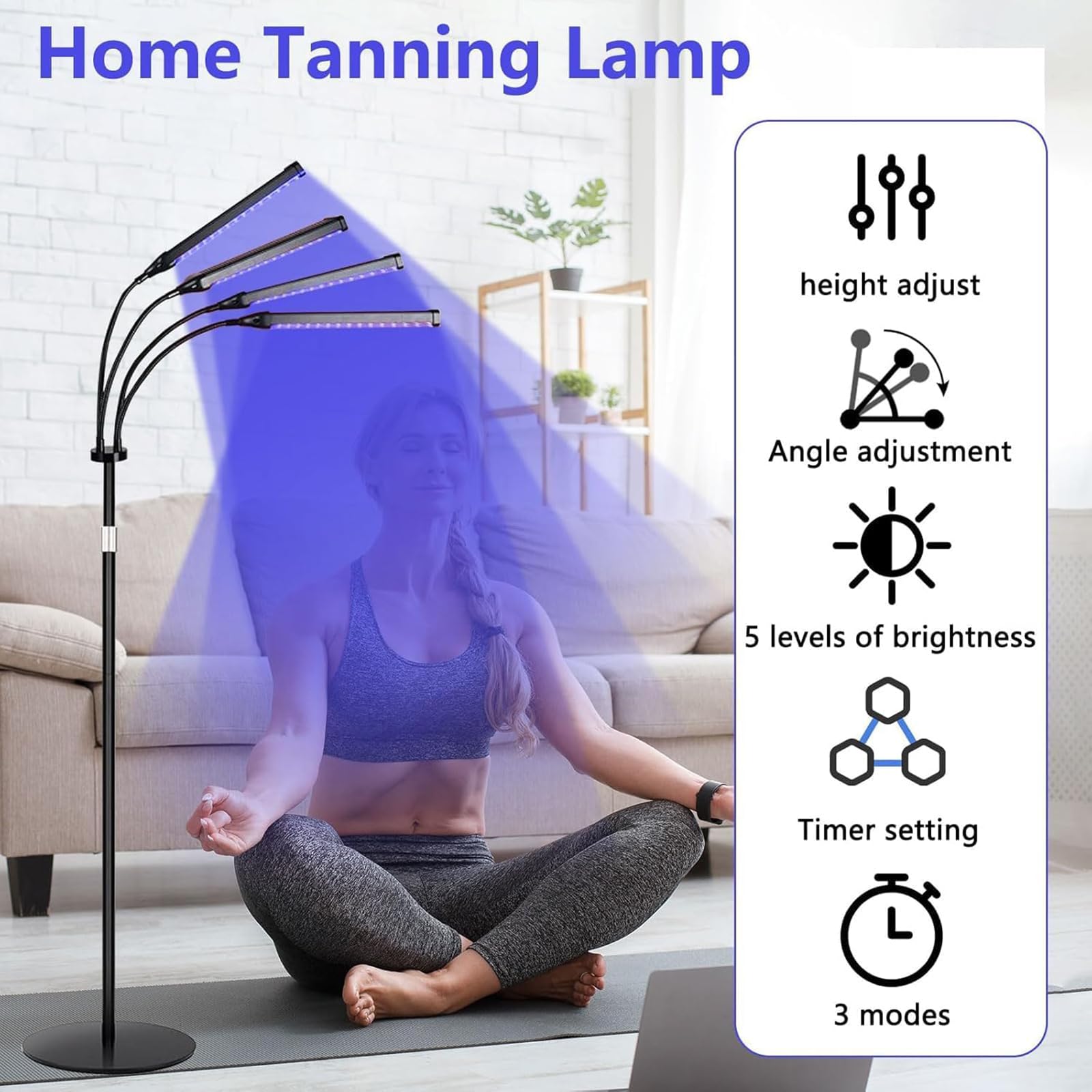 NGARY 4-głowicowa lampa samoopalająca, 40 W, pełne niebieskie światło z 420 diodami LED, timer 5-30 minut, obracana o 360°, przenośna podstawka, 5 poziomów jasności i 3 tryby pracy na twarz i ciało
