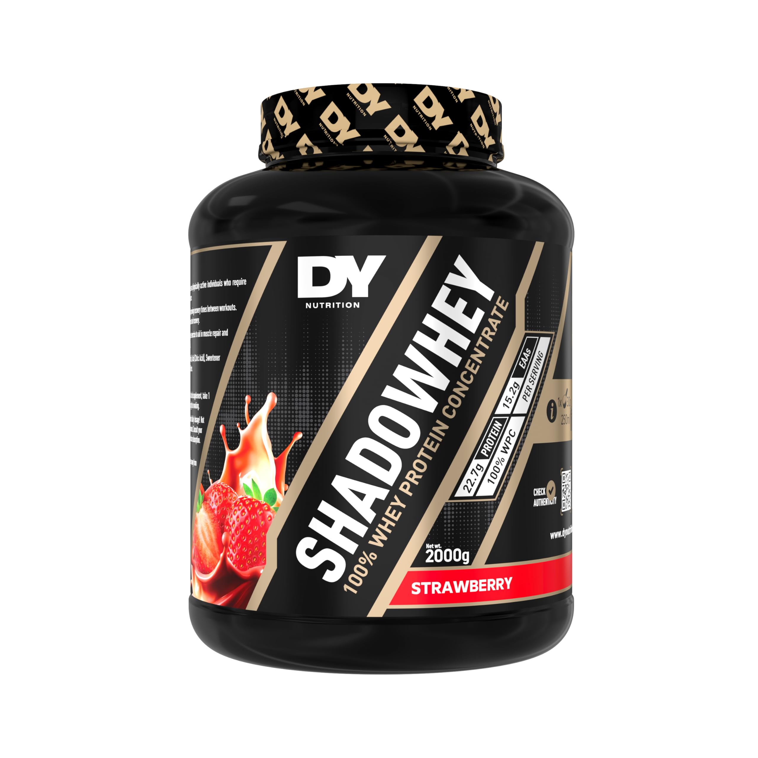 DY Nutrition - Shadowhey Whey Protein Concentrate Powder 2Kg | 23g Protein per Serving | 66 Servings | 7.3g of BCAAs | Sourced from EU Grass-Fed Cows | Premium Easy Mix & Digest Formula (Strawberry)