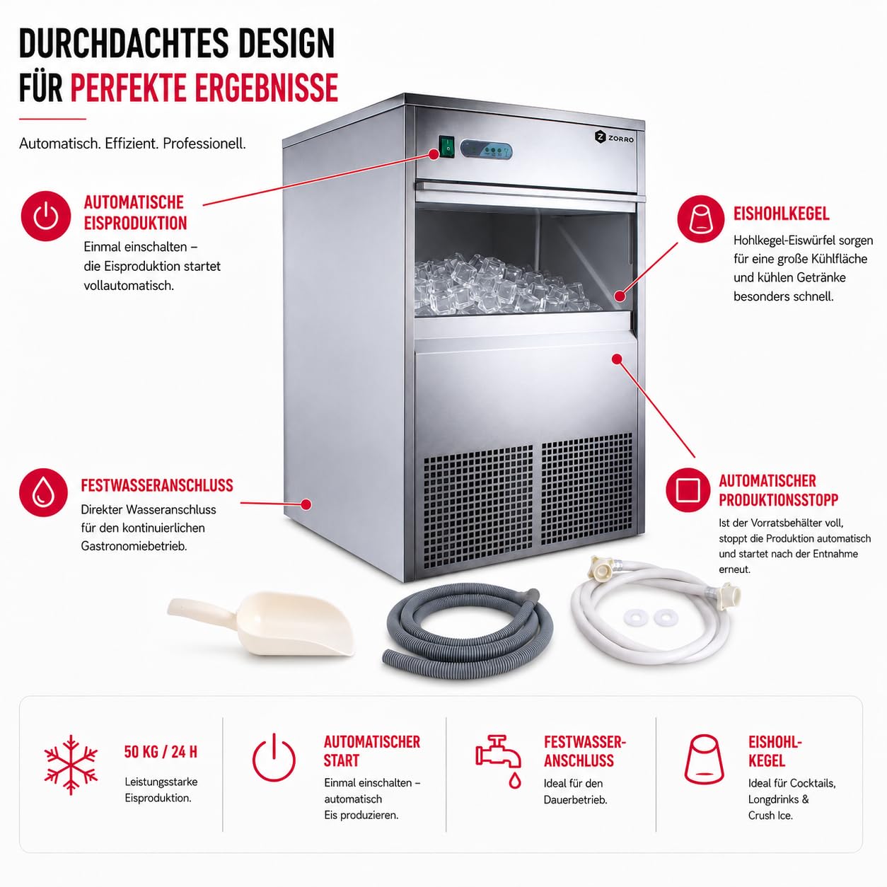 ZORRO Eiswürfelbereiter ZEB 50 ECO | 50kg/24h | Eiswürfelmaschine Gastro | Inkl. Zubehör