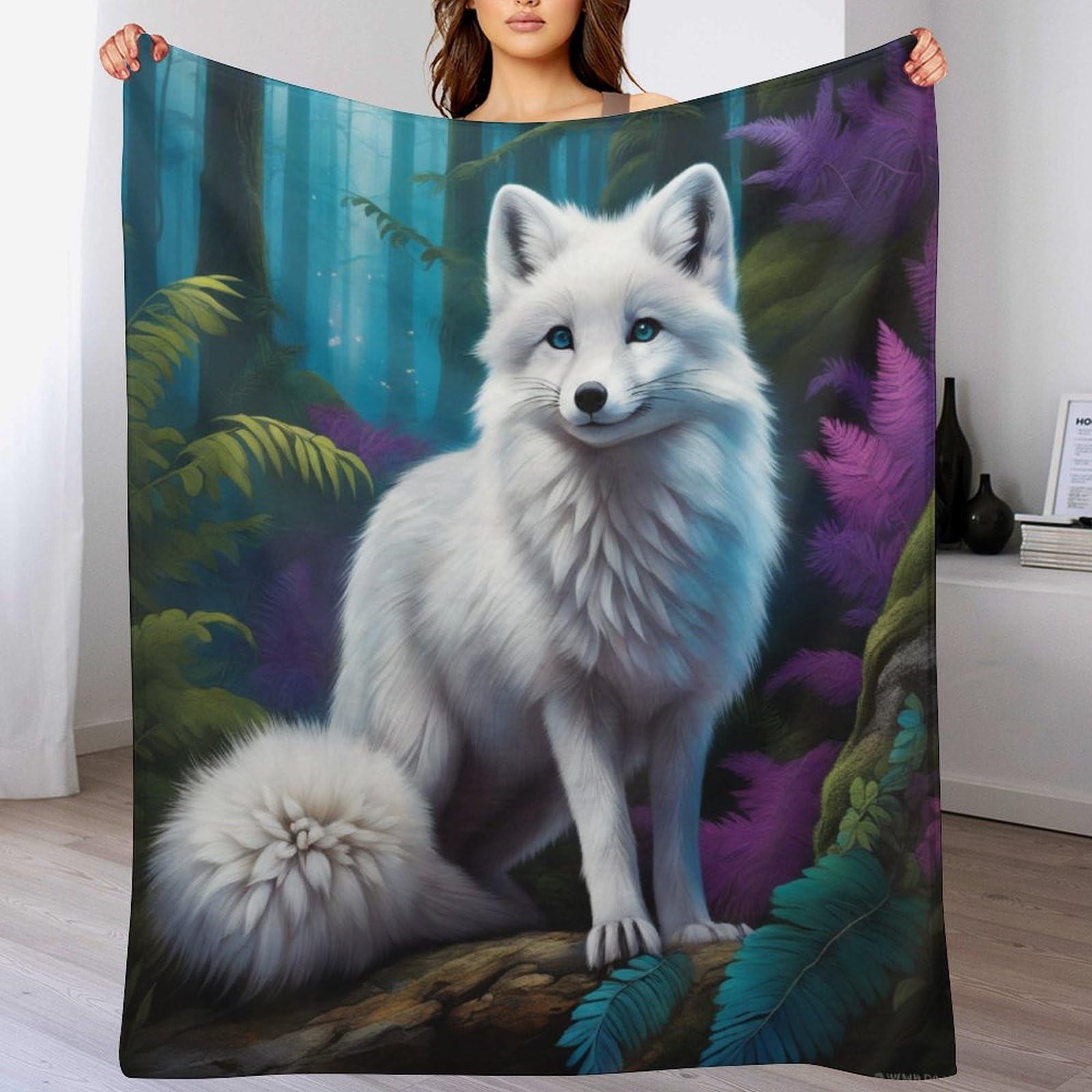 Couvre-lit Arctic Renard en flannel douillette pour lit et canapé de salon 100x130cm