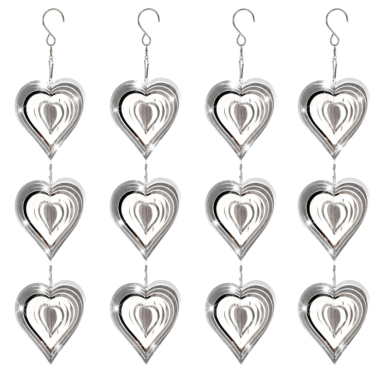 4Sets Heart Wind Spinners, 3D Mirror Wind Chimes Outdoor, Indoor, Reflective Garden Wind Spinners for Scare Birds Away, Metal Hanging Garden Ornaments for Patio, Fruit Trees, Courtyard, Windows