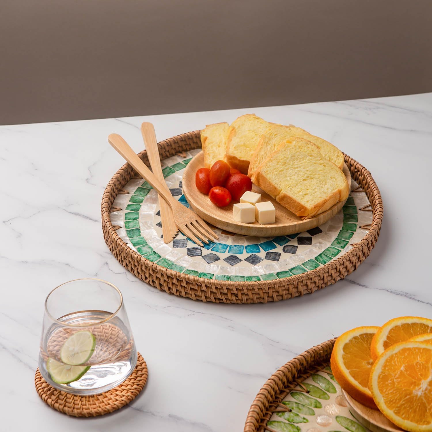 Laquedecraft 11.8" Square Diamond Wicker Round Rattan Mother of Pearl Serving Basket Tray for Décor Coffee Table | Large Boho Circle Woven Decorative Trays for Outdoor, Home, Kitchen Display