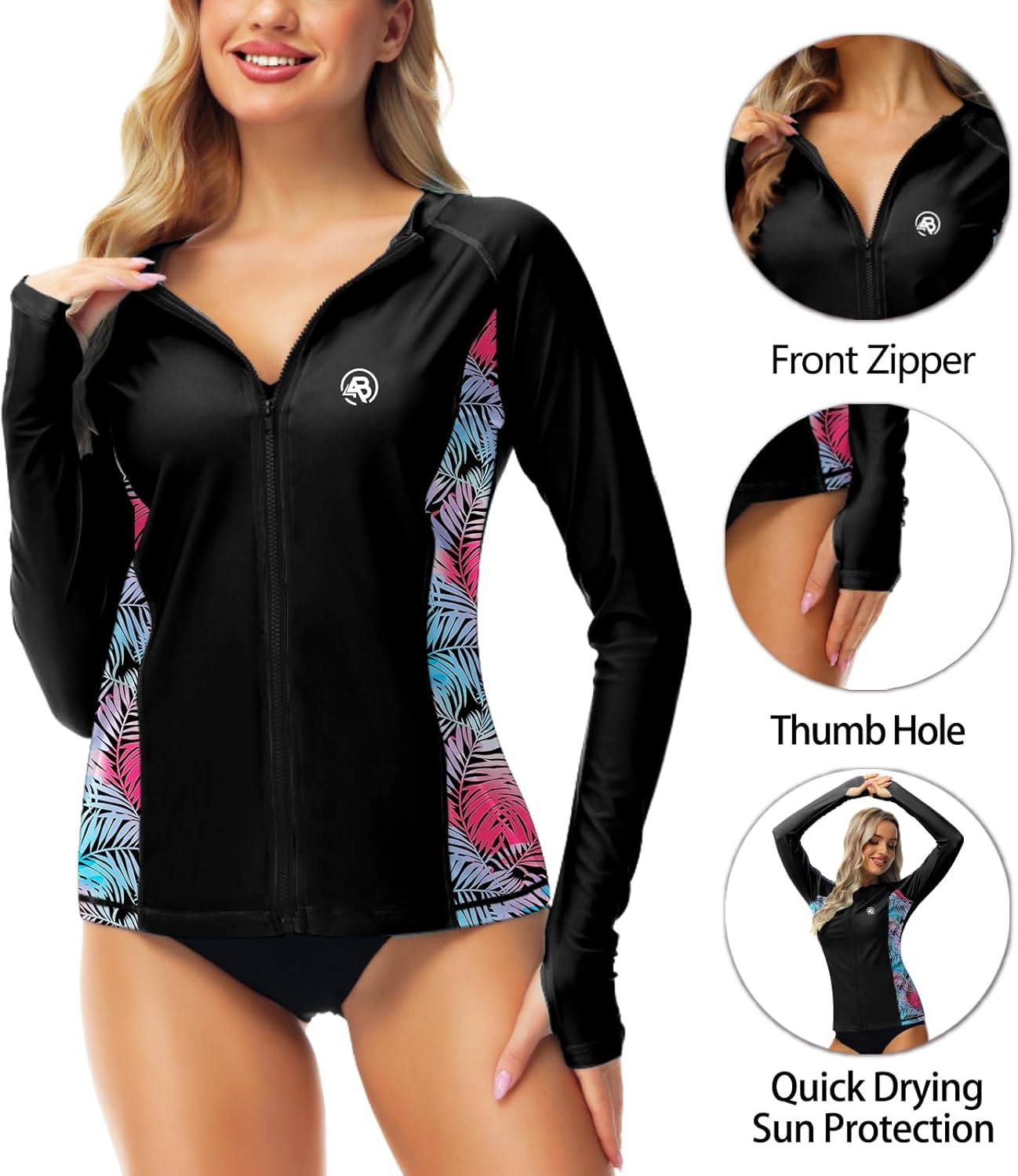 AOBUTE Women Zipper Rash Guard SPF 50+ Swim Shirt Zip Up Surfing Swimwear Top with Thumb Hole