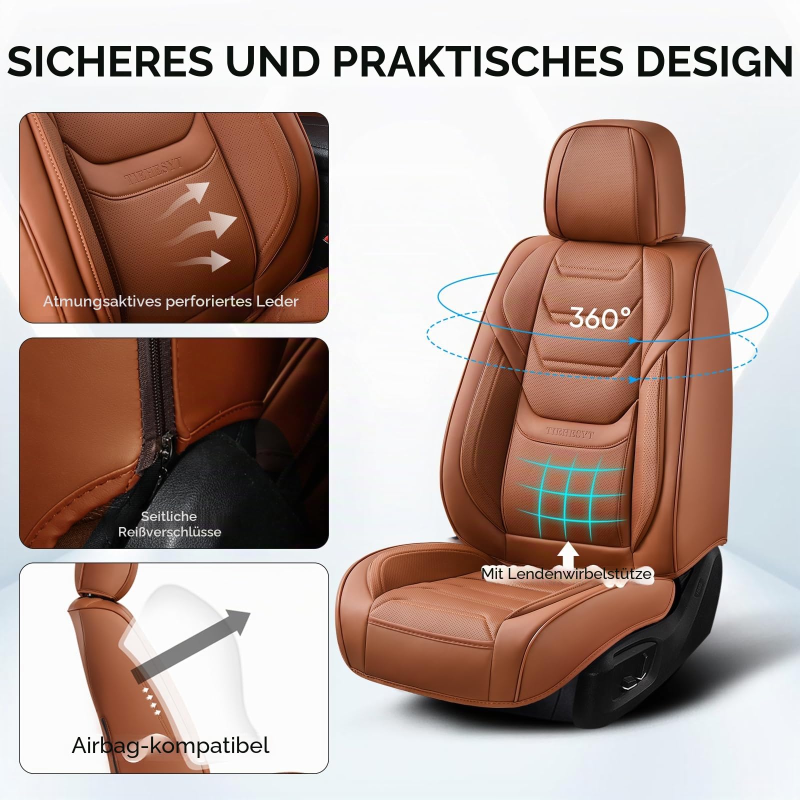 TIEHESYT Komplettset Autositzbezüge aus atmungsaktivem Kunstleder Für Vorder- und Rücksitze inkl. Kopfstützen - reduziert Fahrermüdigkeit - passend für die meisten Pkw (Braun, Vorder- & Rücksitze)