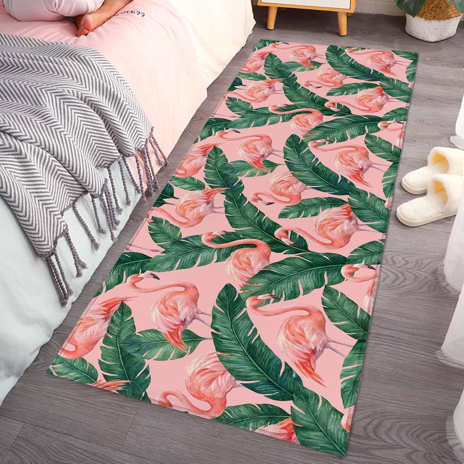 Teamery Kitchen Mats for Floor Watercolor Flamingo Palm Leaves Washable Non Slip Kitchen Rugs 1PCS, Animal Leaf Plant on Pink Absorbent Standing Mats for Sink Bathroom Office Living Room 23.6x70.9in