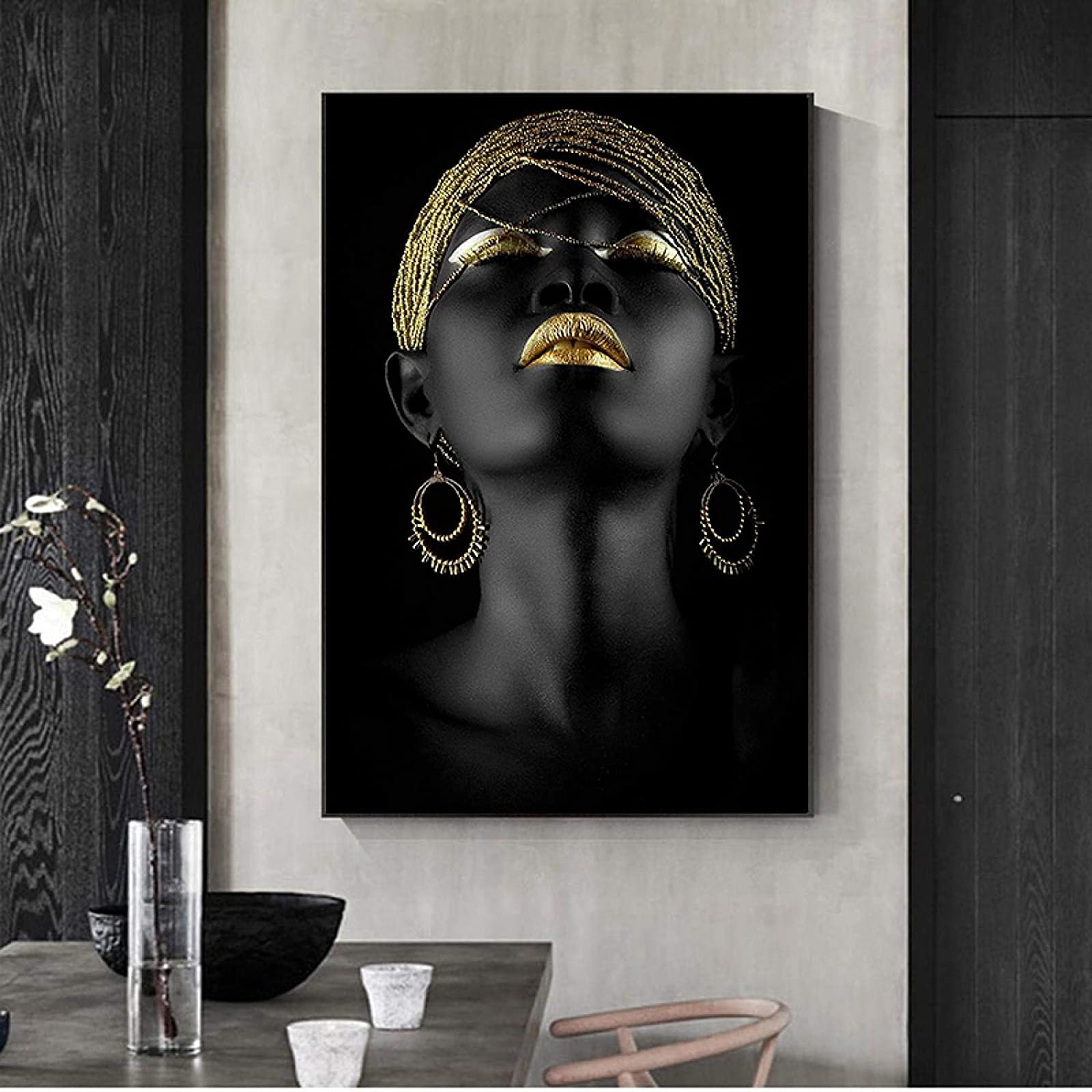 Leinwand Malerei Afrikanische Goldene Lippen Frau Bilder Kunstdruck für Wohnzimmer Schlafzimmer Wandbilder Deko Rahmenlos (80X120CM)