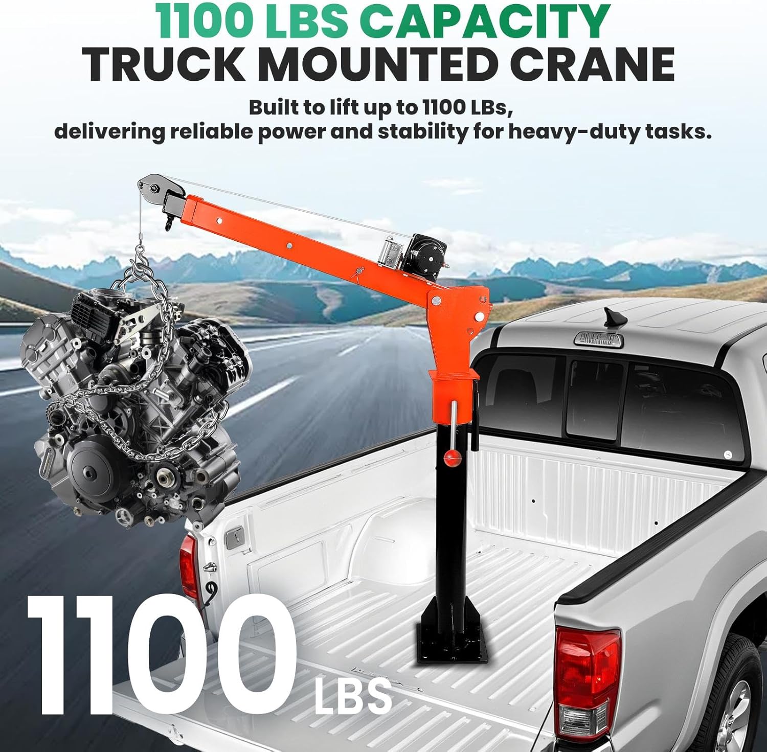 Folding truck crane, pickup truck crane with electric winch, equipped with 3500 lbs electric winch, lifting capacity 1100 lbs, 360° rotation, suitable for lifting in factories, warehouses, cargo, etc.