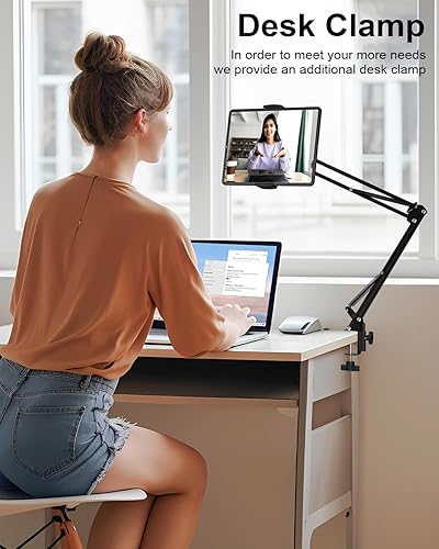 Miniatura 5 de Soporte de suelo para tablet con base estable de 11 libras y abrazadera de escritorio, brazo giratorio de altura ajustable, compatible con iPhone,
