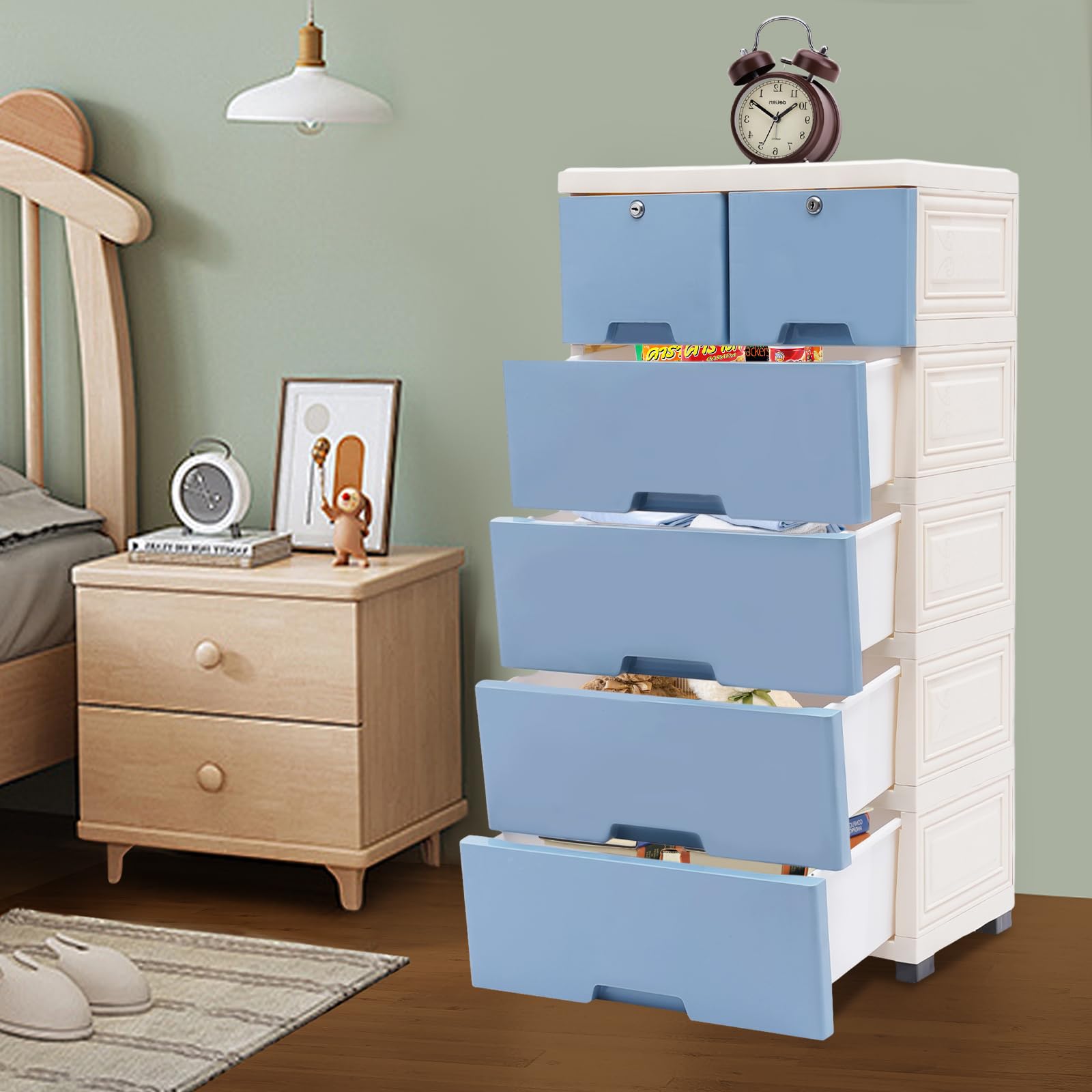 Amazon.com - FONSOLUM 5-Tier Plastic Drawers Dresser with Lock, Storage  Dresser with 6 Drawers, Freestanding Movable Tower Storage Drawers  Organizer,Tall Dressers Shelf for Bedrooms Living Rooms Furniture (Blue)