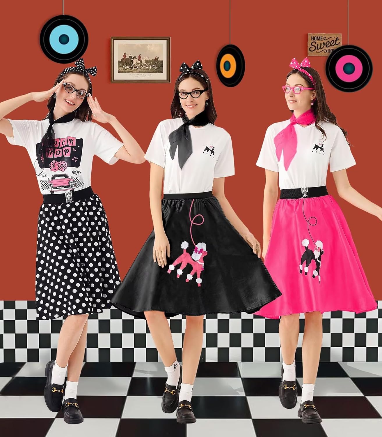 10Pcs Sock Hop Outfits Women, 1950s Poodle Skirts, T-Shirt with 50s Accessories Socks Scarf Headband Belt Earring