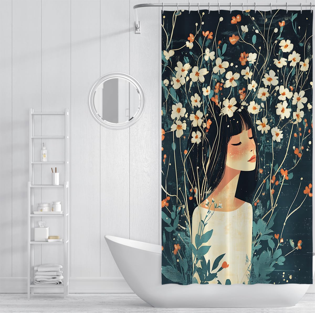 Vintage Mädchenporträt weiße Blumen Duschvorhang W240xL180 cm