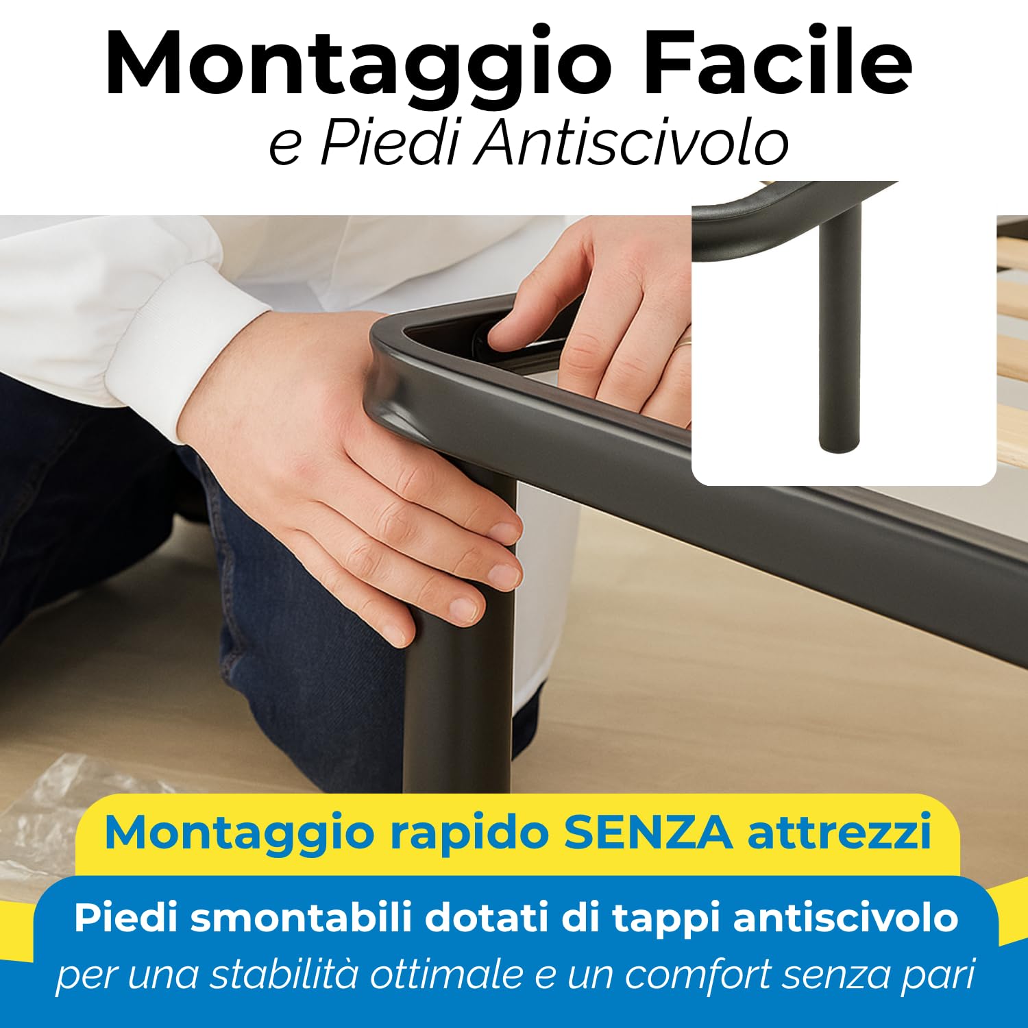 Win Bed - IDEALE - RETE MATRIMONIALE 160x190 Ortopedica a Doghe in Legno – Telaio in Acciaio Rinforzato con Piedi Antiscivolo Smontabili