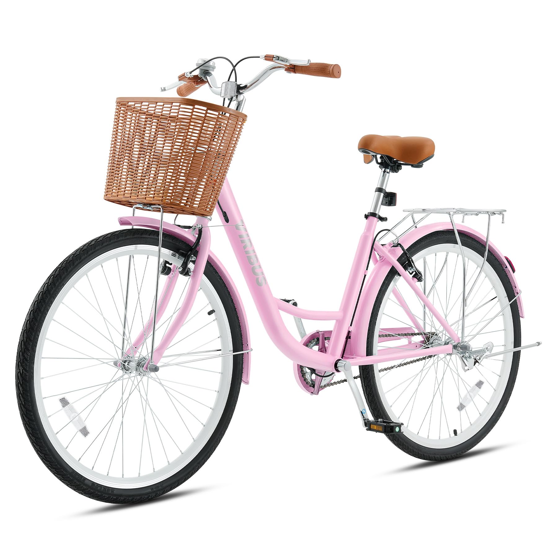 VIRIBUS Beach Cruiser Bike for Women, Single Speed Womens Bike with Basket & Rack 24 26 inch, Retro Step Through Cruiser Bicycle for Petite Short