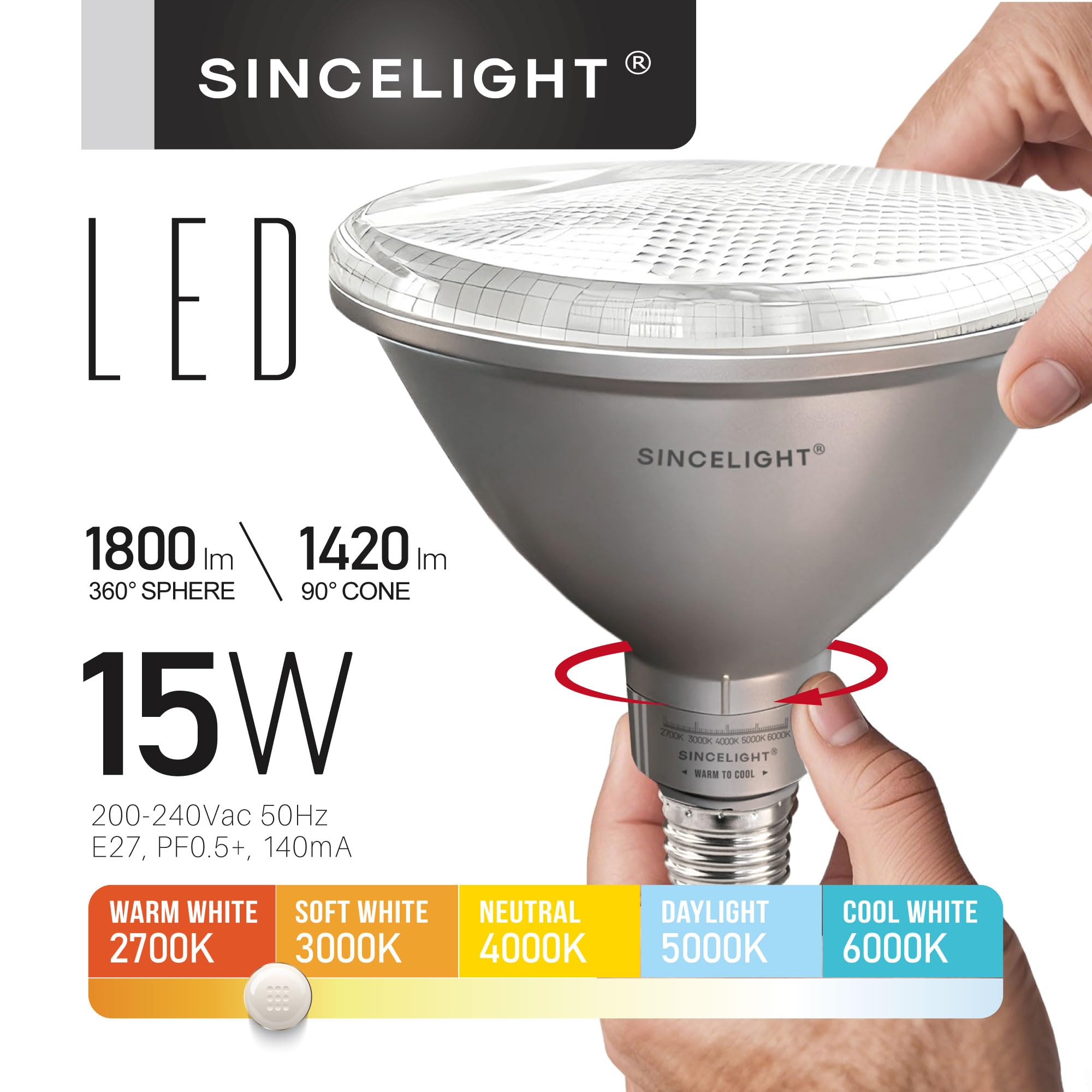 SINCELIGHT PAR38 Lampadina a LED con Attacco E27, 15W (180W Equivalenti), da Bianco Caldo a Bianco Freddo Orientabile (2700K-6000K), CRI 95, 1800lm, Impermeabile IP65, Confezione da 4