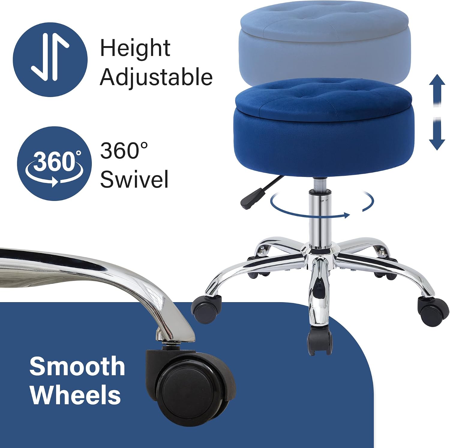 Gitrah Vanity Chair with Wheels Adjustable Vanity Stool with Storage Swivel Vanity Stool for Vanity Rolling Makeup Chair Blue image 5