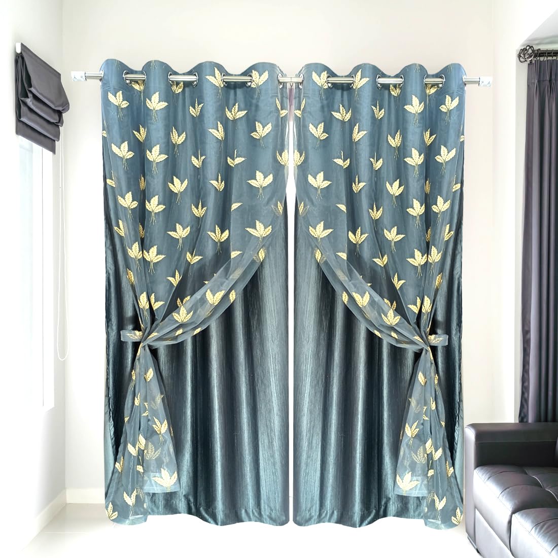 Double Curtains 2 in 1 Embroidery Transparent with 80% Blackout Best for Every Interior Living Room Door Grommet Curtains (breeza d Grey 7ft_Set 2)-image-30