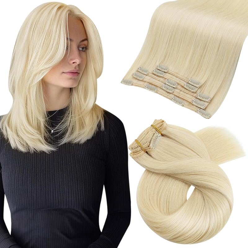 Moresoo Extension Clip Capelli Veri Biondo Platino #60, 35cm 80g Set da 5 Pezzi, Remy Human Hair Lisci per Allungamento e Volume Naturale, Donna
