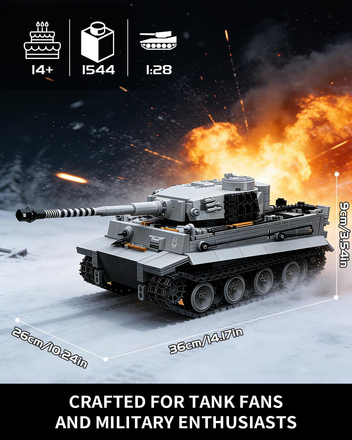 1:28 WW2 Tiger Heavy Tank Army Toy Building Sets, 1544 PCS Panzer VI Tiger SO4 Military Vehicle Model Building Kits, Collectible Birthday Gifts for Military Fans Adults Men Teen Boys Age 14+