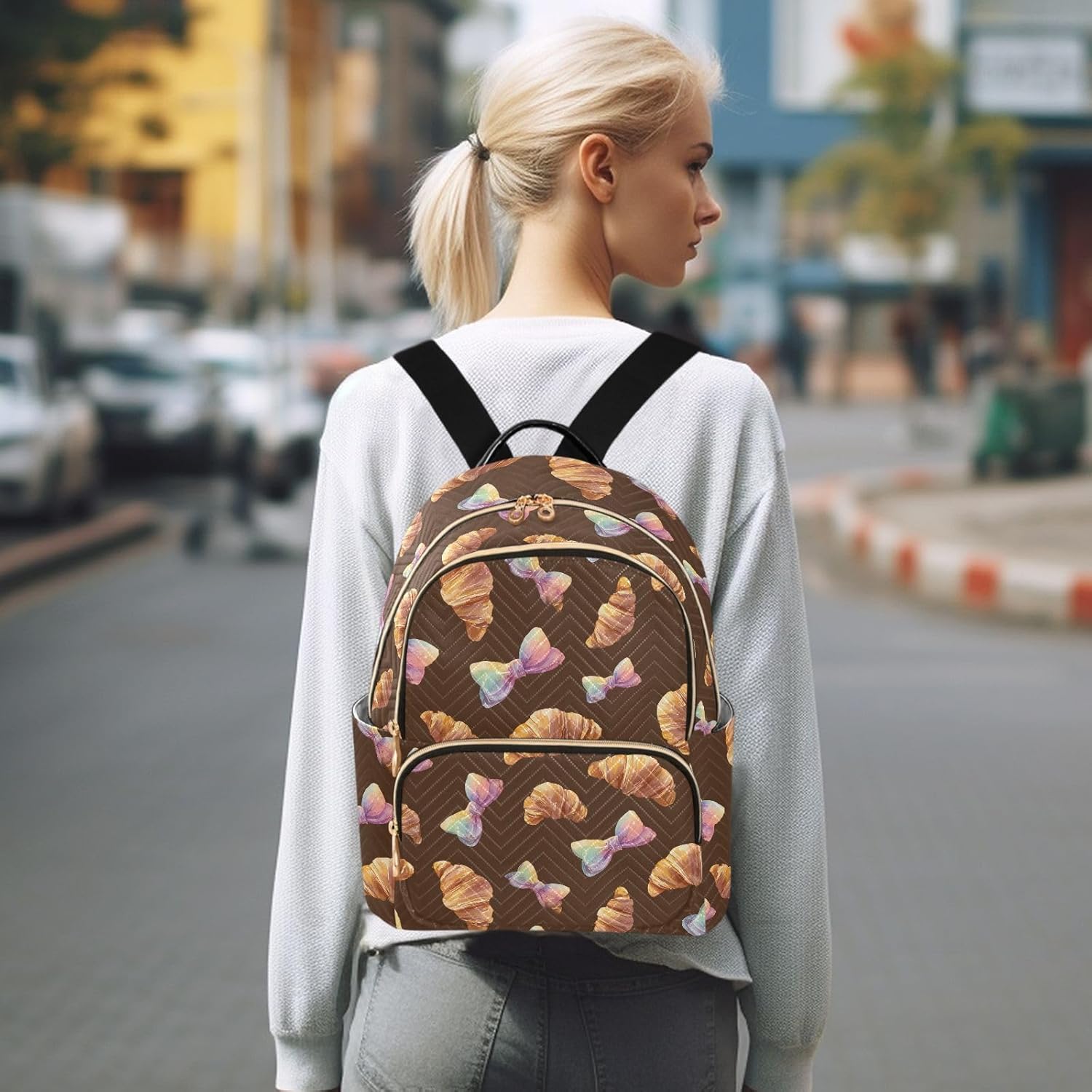 Rainbow Bow Bread Pattern Backpack Purse for Women Shoulder Bag Fashion Daypack Ladies Handbag Lightweight Travel Bag Rucksack