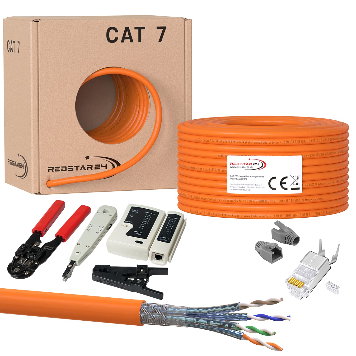 100m CAT 7 Kabel Verlegekabel Netzwerkkabel Crimpzange RJ45 Zange/Kabeltester/Kabelmesser / 20x