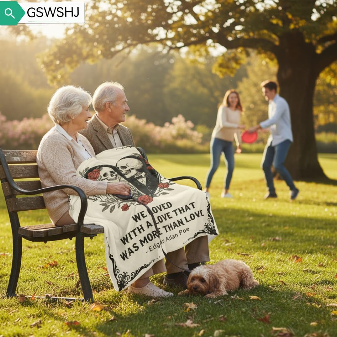 “Edgar Allan Poe” Romantic Gothic Blanket for Couples - Skull Lovers Flannel Throw 60x50, Dark & Poetic Valentine‘s for Wife Husband, Unique Gift for Book Lovers - Image 6