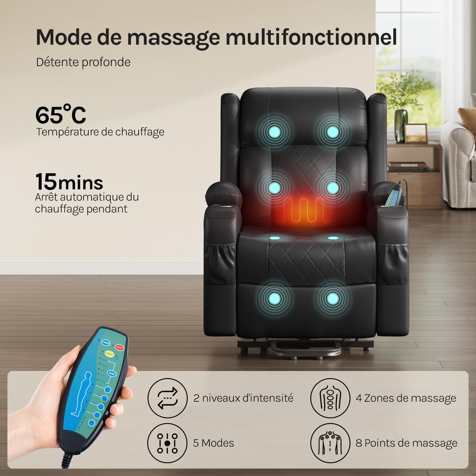 WOLTU Fauteuil Relax Électrique, Fauteuil Massant, Aide à la Verticalisation, Massage, Chauffage, Repose-Pieds, Poches, Porte-gobelet, Port USB, PU, Noir, SKS62sz