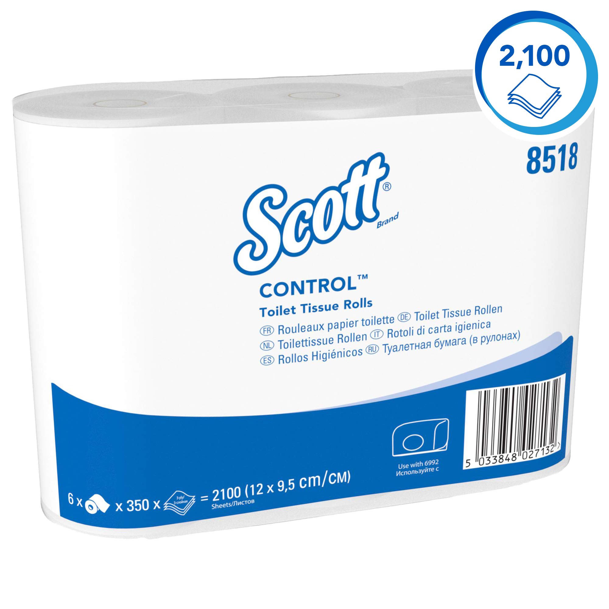 Scott Control Papel higiénico en rollo estándar 8518, Rollos de papel Higiénico blanco de 3 Capas, Certificado FSC, 36 rollos x 350 hojas(12.600 hojas)
