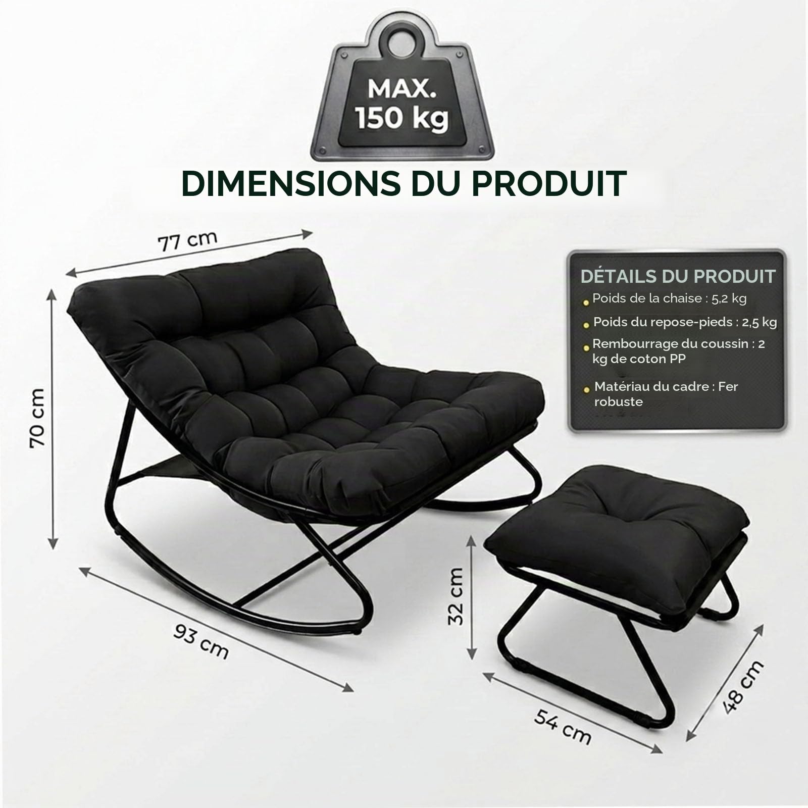 Rocking Chair avec Repose-Pieds, Fauteuil à Bascule avec Coussin, Chaise a Bascule d'Intérieur et d'Extérieur, Charge 150kg, pour L'ExtéRieur,L'IntéRieur,Le Jardin Patio Rocking Chair (Gris)