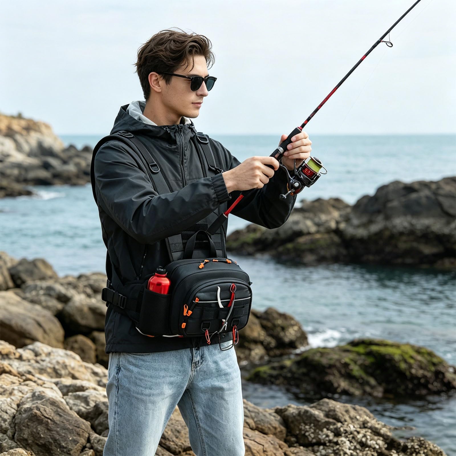 Pettorale da pesca antigraffio a scomparti multipli Resistente agli spruzzi d ' acqua con strisce riflettenti Borsa antigraffio Pettorale a scomparti multipli Zaino antispruzzo con strisce riflettenti